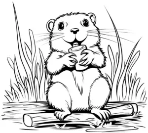 biber-auf-baumstamm-mit-gras-und-lebensmittel