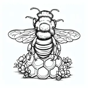 biene-auf-wabe-mit-blumen-ausmalbild