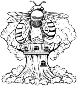 bienenhaus-ausmalbild-mit-grosser-biene