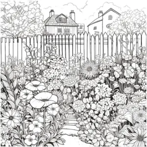 bluehender-garten-mit-haeusern-und-zaun