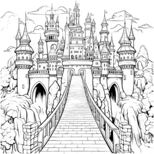 burg-ausmalbild-mit-mittelalterlichen-tuerme-und-bruecke
