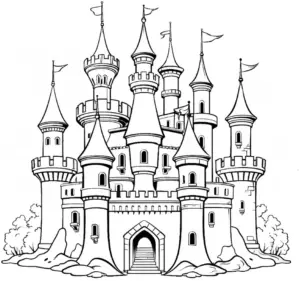 burg-ausmalbild-mit-tuerme-und-fahnen