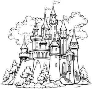 burg-ausmalbild-mit-tuerme-und-wolken