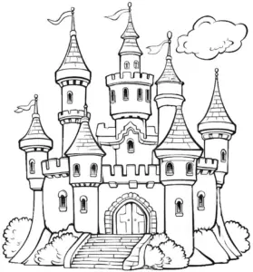 burg-mit-tuerme-und-flaggen-ausmalbild