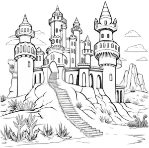 burg-mit-tuerme-und-treppen-ausmalbild