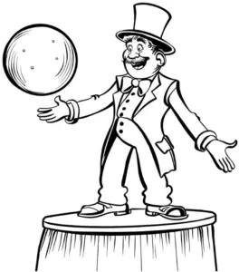 clown-ausmalbild-mit-kugel-auf-podest