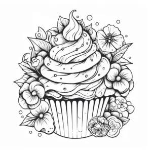 cupcake-ausmalbild-mit-blumen-und-pflanzen