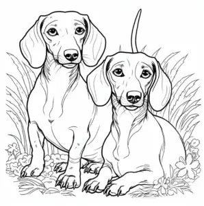 dachshunde-ausmalbild-mit-blumen-und-gras