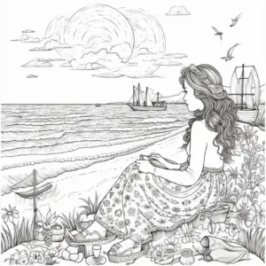 dame-am-strand-mit-blumen-und-meer