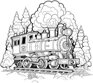 dampflokomotive-ausmalbild-mit-wald-und-rauch
