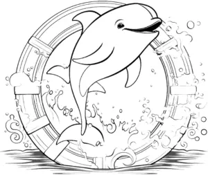 delphin-im-wasser-mit-rettungsring-ausmalbild