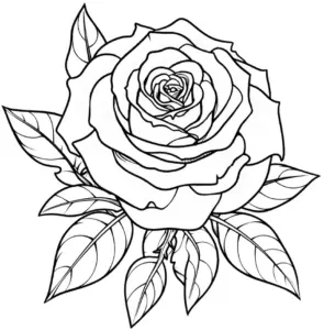 detailiertes-ausmalbild-einer-rose-mit-blaettern