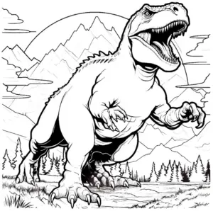 dinosaurier-ausmalbild-mit-tyrannosaurus-rex-und-berglandschaft