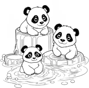 drei-pandas-auf-baumstaemmen-im-wasser