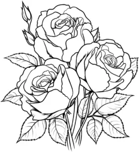 drei-rosen-ausmalbild-mit-blueten-und-blaettern