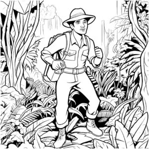 dschungel-ausmalbild-mit-entdecker-und-pflanzen