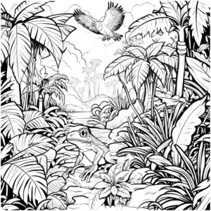 dschungel-ausmalbild-mit-frosch-und-vogel