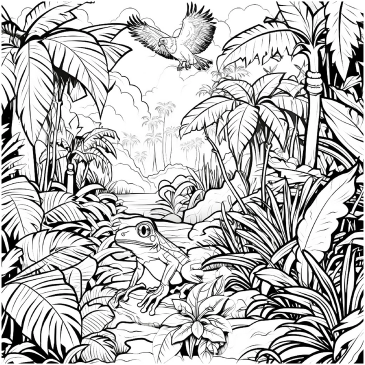 dschungel-ausmalbild-mit-frosch-und-vogel