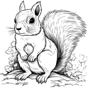 eichhoernchen-ausmalbild-mit-buschigem-schwanz-und-pflanzen