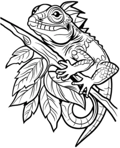 eidechse-auf-ast-mit-blaettern-ausmalbild