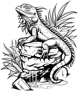 eidechse-auf-steinen-mit-pflanzen-ausmalbild