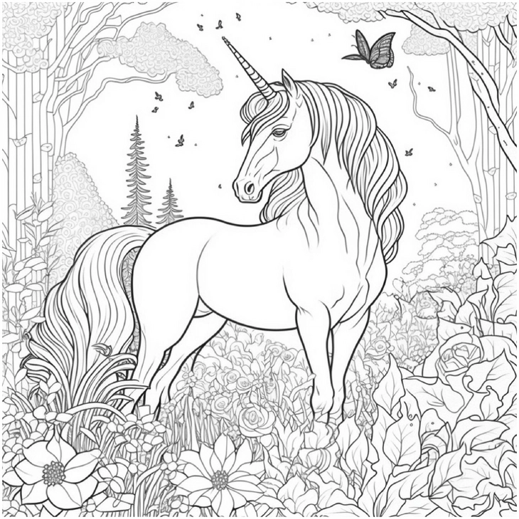 einhorn-ausmalbild-in-bluender-blumenlandschaft