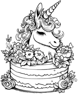 einhorn-im-kuchen-mit-blumen-ausmalbild