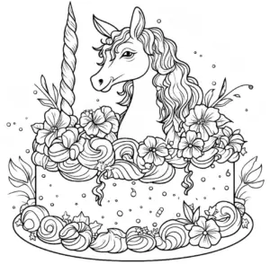 einhorn-mit-torte-und-blumen-ausmalbild