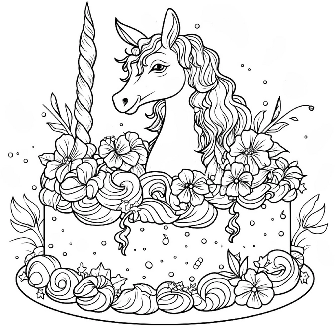 einhorn-mit-torte-und-blumen-ausmalbild