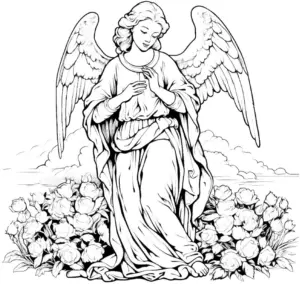engel-ausmalbild-mit-rosen-und-wolken