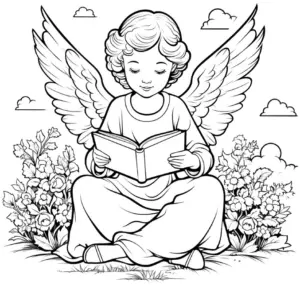 engel-mit-buch-in-blumen-ausmalbild