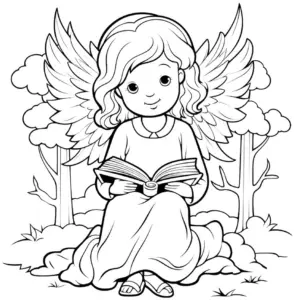 engel-mit-buch-in-der-natur-ausmalbild