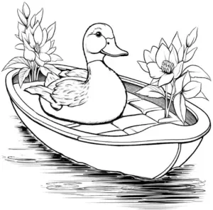enten-ausmalbild-im-boot-mit-blumen
