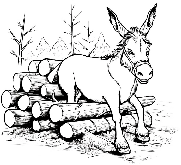 esel-auf-holzstaemmen-ausmalbild