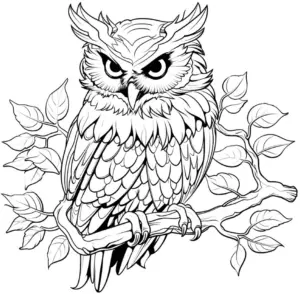 eule-ausmalbild-mit-zweig-und-blaettern