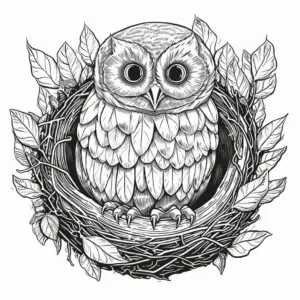 eule-im-nest-ausmalbild-mit-blaettern