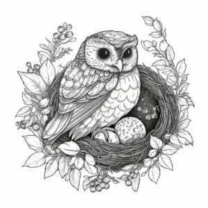 eule-im-nest-mit-eiern-und-pflanzen