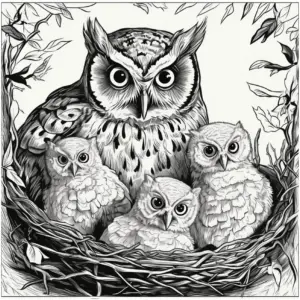 eule-mit-kueken-im-nest-ausmalbild