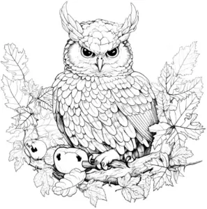 eule-mit-laub-und-fruechten-ausmalbild