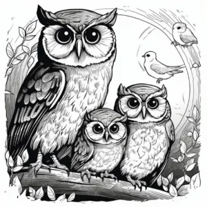 eulenfamilie-mit-babyeulen-und-vogel