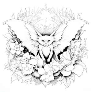 fabelwesen-ausmalbild-mit-fledermaus-und-blumen