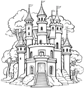 fantasie-ausmalbild-mit-burg-und-baeumen