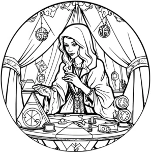 fantasie-ausmalbild-mit-mystischer-frau-und-symbolischen-gegenstaenden