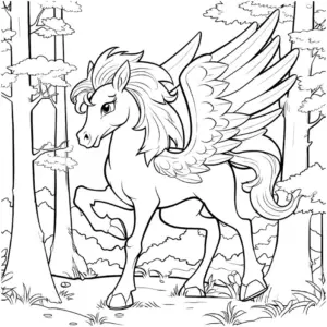 fantastisches-ausmalbild-eines-pegasus-im-wald