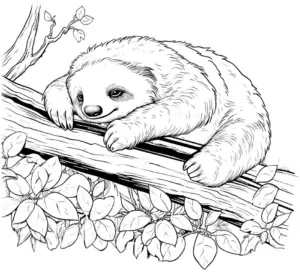 faultier-auf-baum-mit-blaettern-ausmalbild