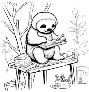 faultier-beim-schreiben-mit-buechern-und-pflanzen