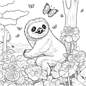 faultier-in-bluehender-natur-mit-schmetterlingen