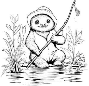 faultier-mit-angel-am-wasser-ausmalbild