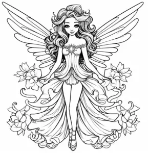 fee-mit-blumen-und-fluegel-ausmalbild