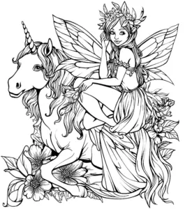 fee-mit-einhorn-ausmalbild-in-fantasievoller-umgebung